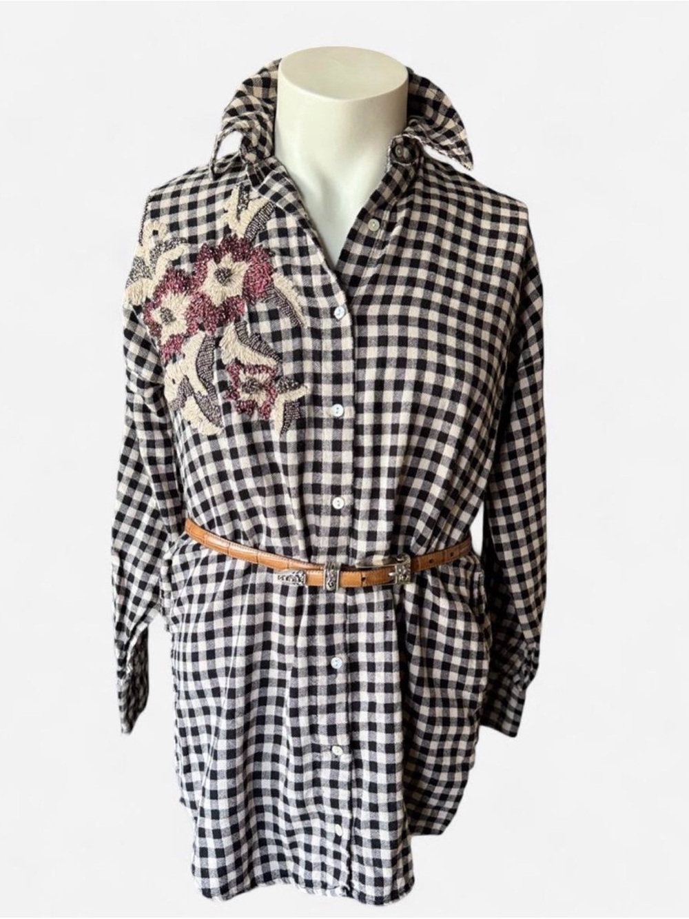 Zara Black and White Check Button-Up Blouse with Floral Applique